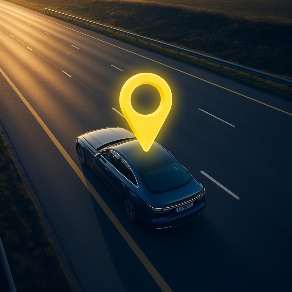 Carro sendo rastreado em tempo real na estrada com marcador GPS
